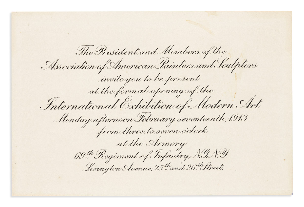(ART.) Invitation to the formal opening of the 1913 Armory Show, the first major modern art exhibition in America.